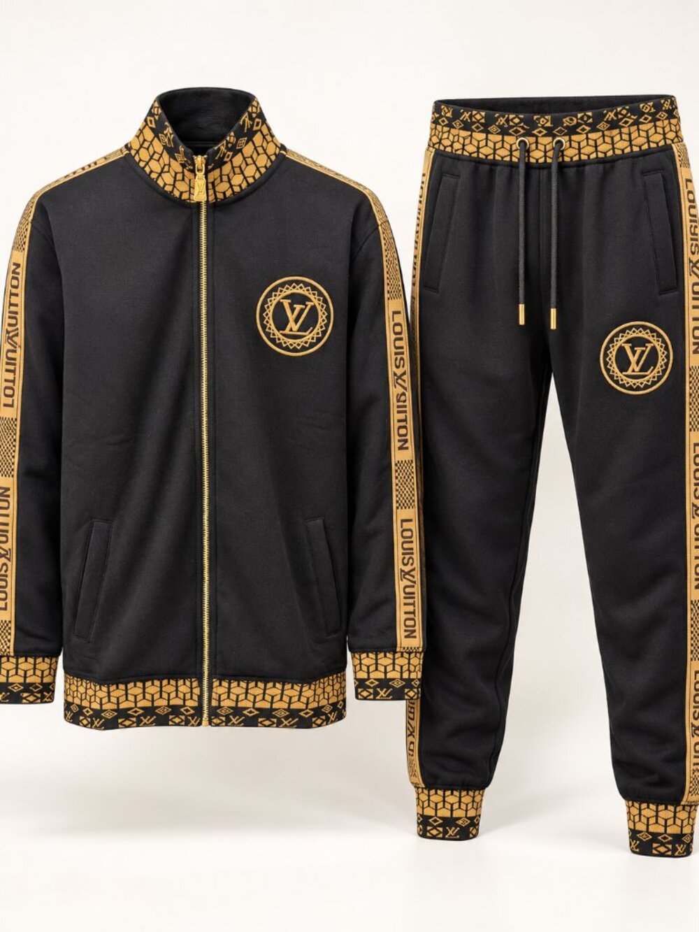 Men’s Black & Gold LV Logo Tracksuit Set – Zip Jacket & Joggers